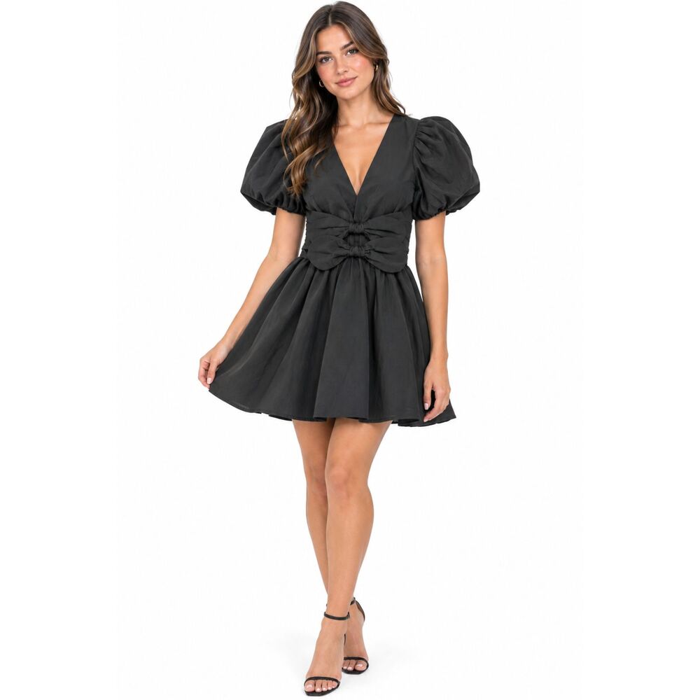 Moon River Black Puff Sleeve Cut Out Fit & Flare Mini Dress M